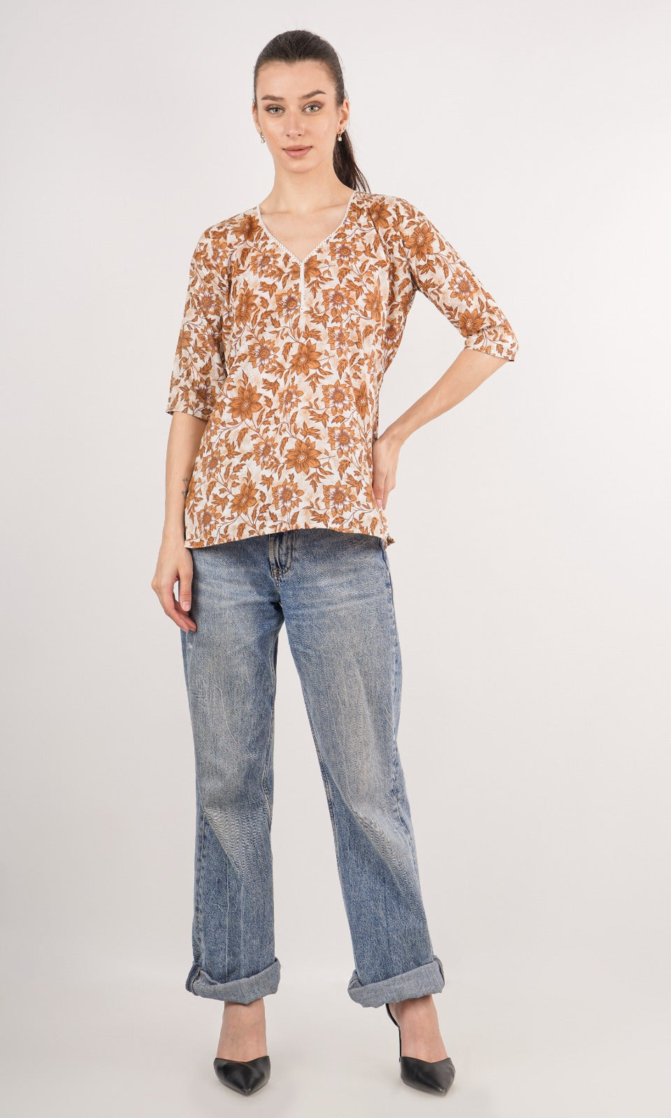 Women's Hip Length Short Printed Kurti, 3/4 Sleeves Cotton Design & color may vary Size S - XL