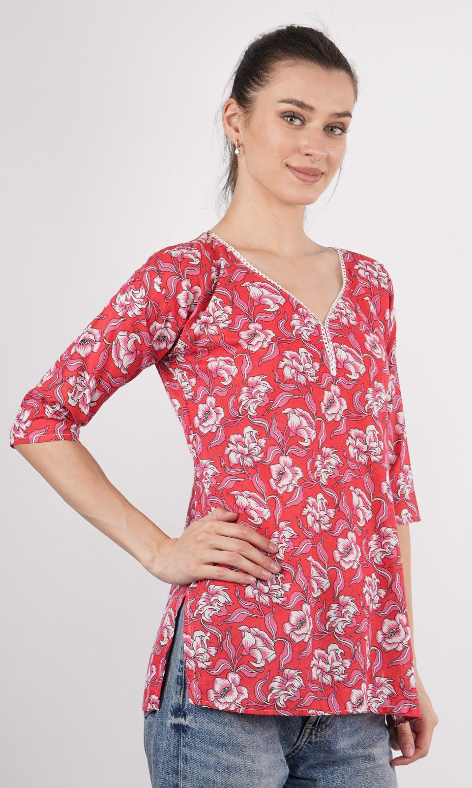Women's Hip Length Short Printed Kurti, 3/4 Sleeves Cotton Design & color may vary Size S - XL