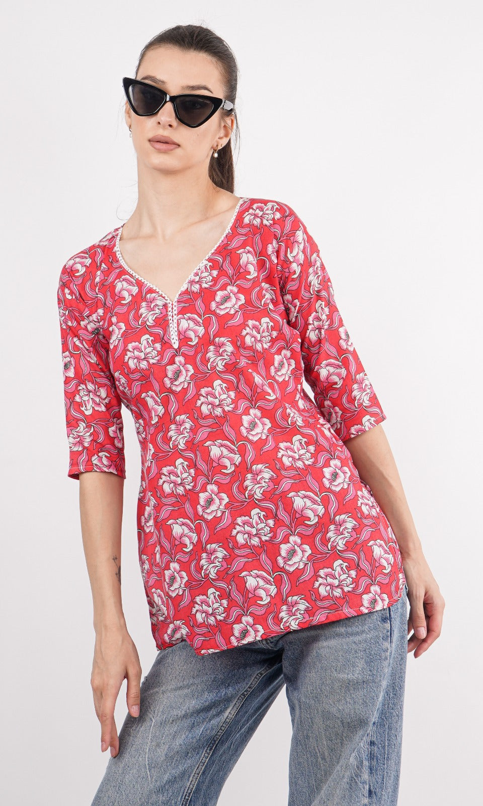 Women's Hip Length Short Printed Kurti, 3/4 Sleeves Cotton Design & color may vary Size S - XL