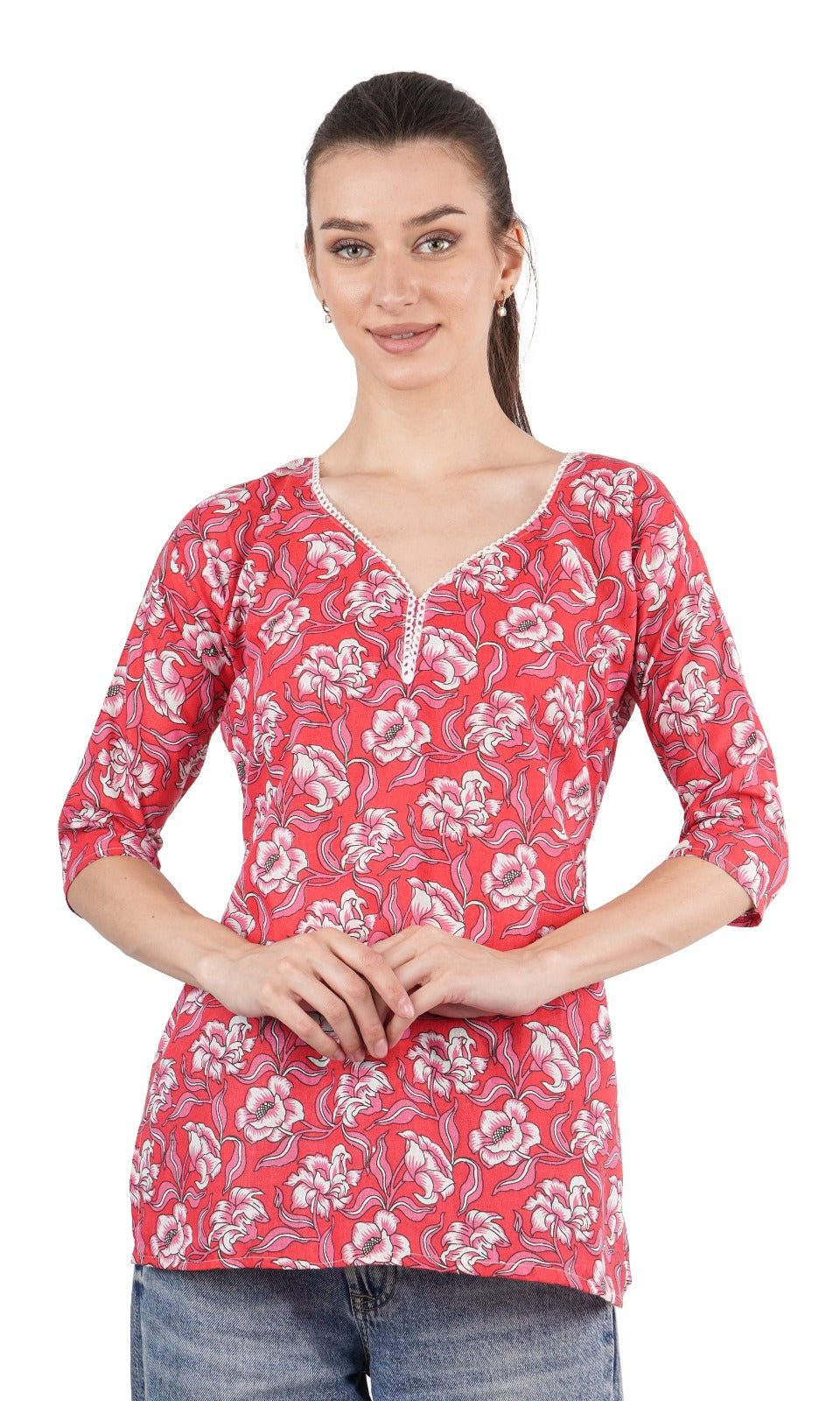 Women's Hip Length Short Printed Kurti, 3/4 Sleeves Cotton Design & color may vary Size S - XL